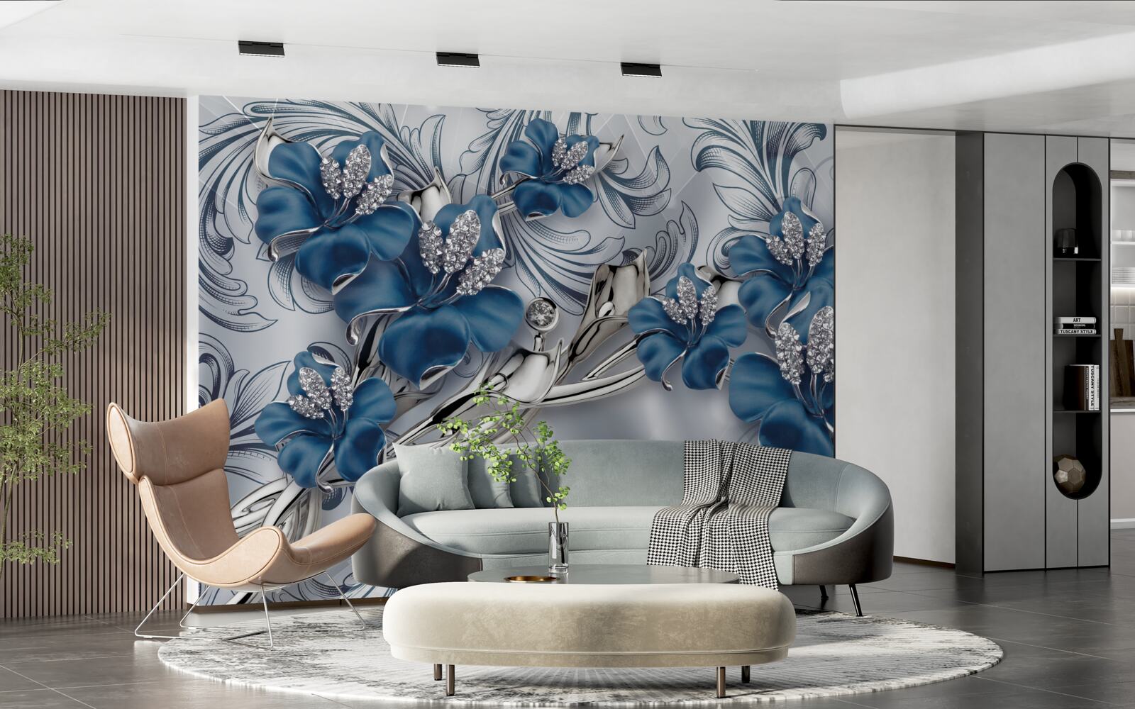 Fototapet flori de lux din metal albastru decorate cu pietre prețioase