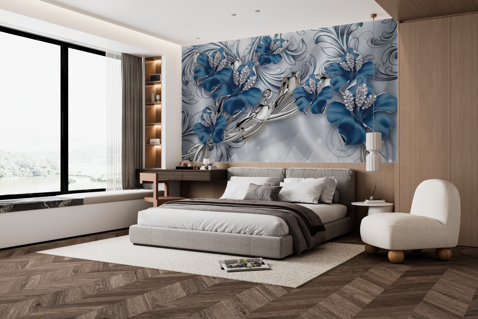 Fototapet flori de lux din metal albastru decorate cu pietre prețioase
