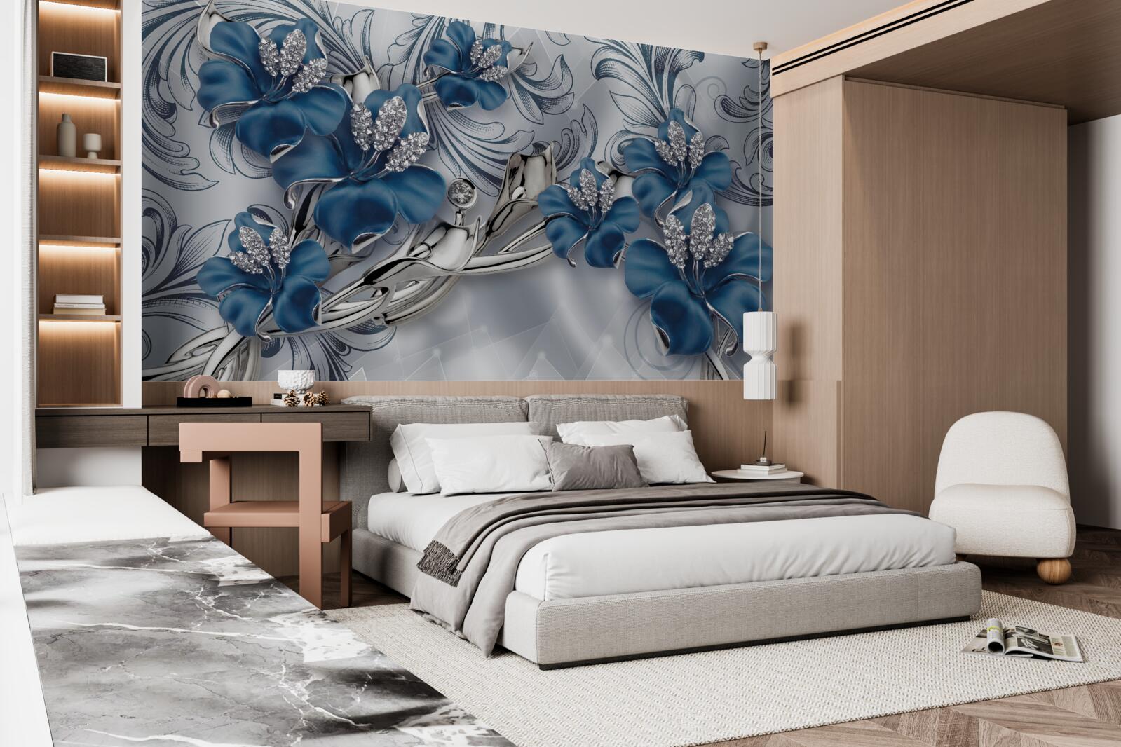 Fototapet flori de lux din metal albastru decorate cu pietre prețioase