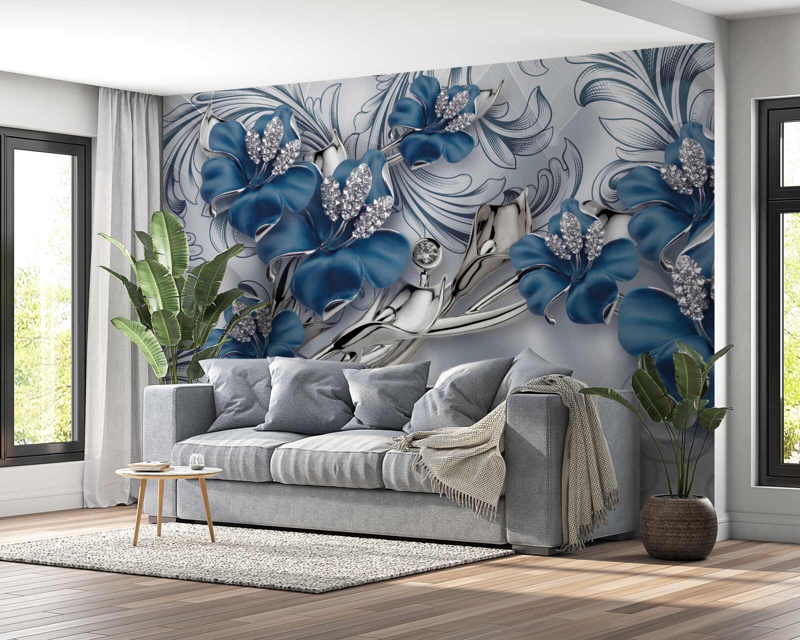 Fototapet flori de lux din metal albastru decorate cu pietre prețioase