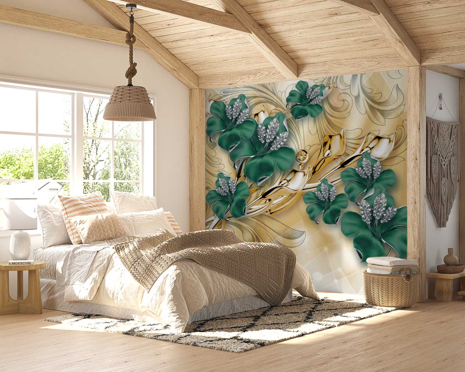 Fototapet flori de smarald strălucesc într-un decor de aur