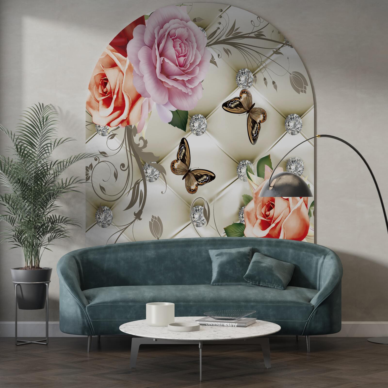 Fototapet fundal abstract decorat cu perle, flori și trandafiri