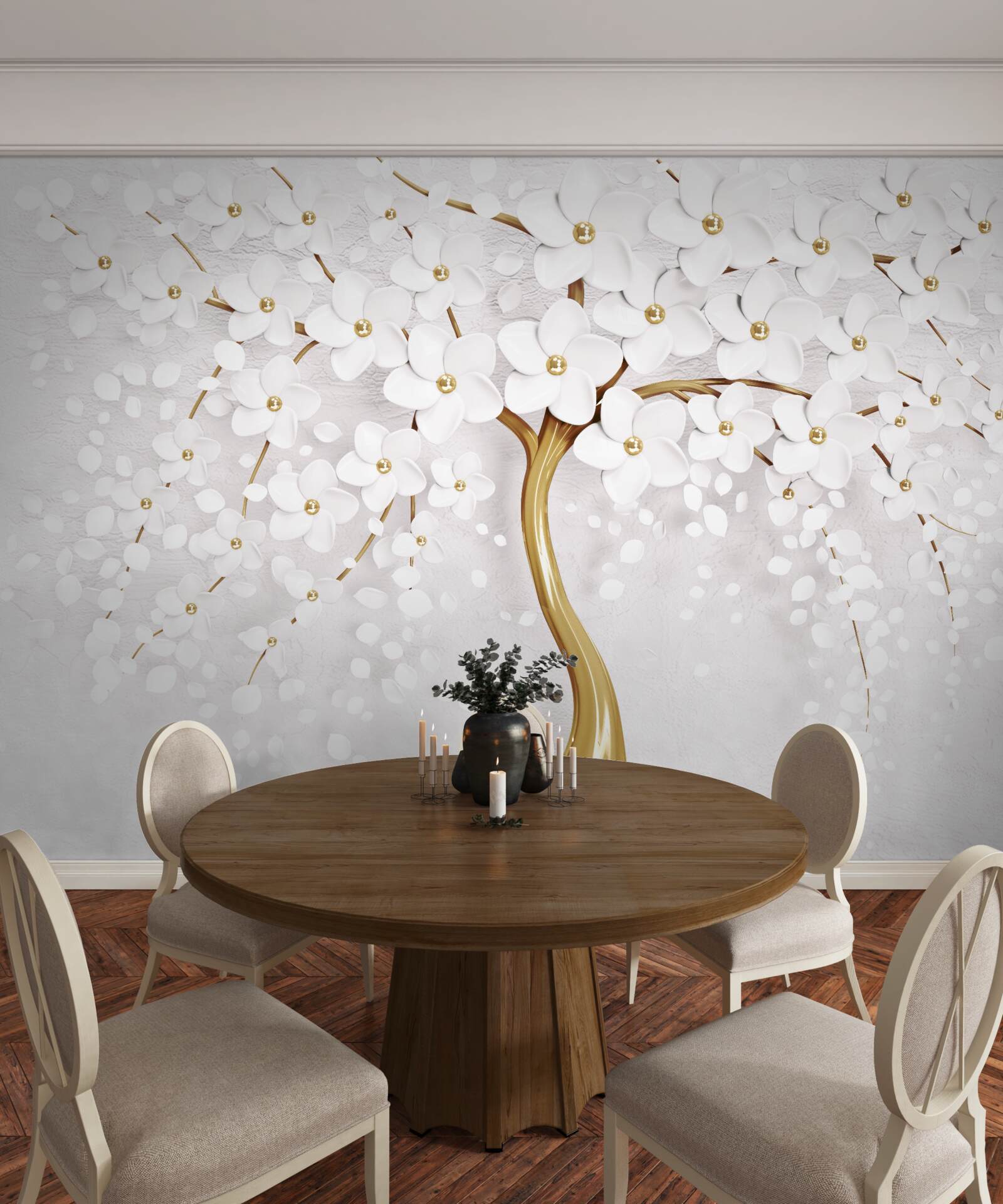 Fototapet Flori sakura albe ca zăpada pe un copac elegant