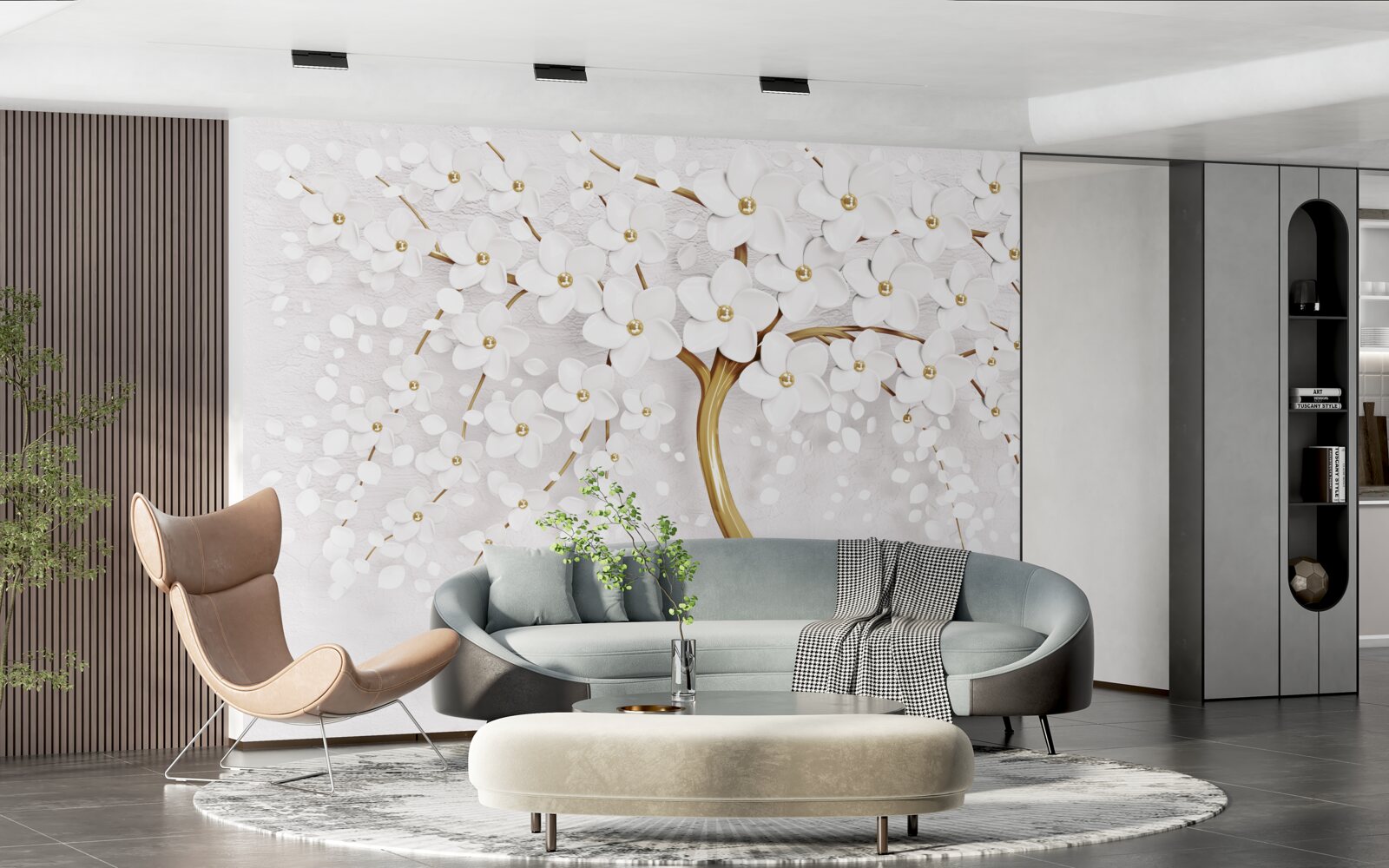 Fototapet Flori sakura albe ca zăpada pe un copac elegant