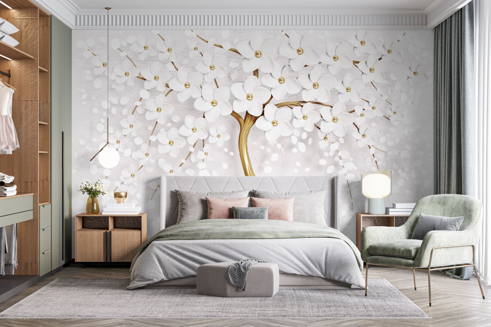Fototapet Flori sakura albe ca zăpada pe un copac elegant
