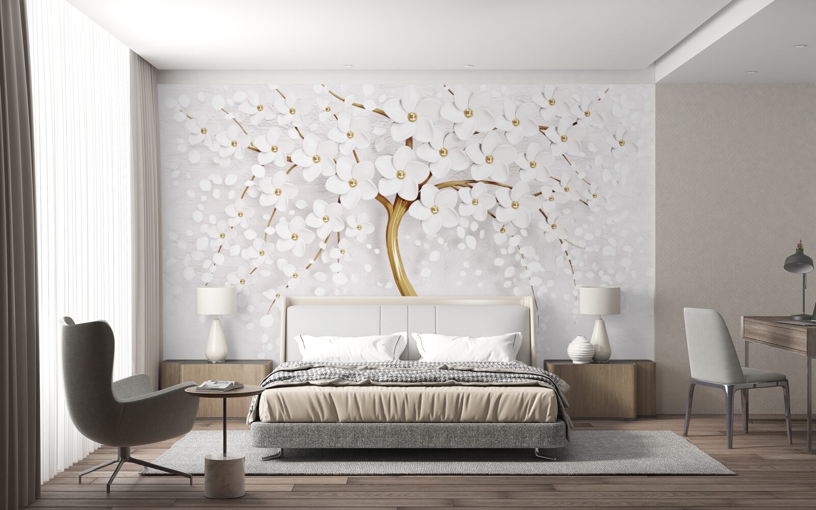 Fototapet Flori sakura albe ca zăpada pe un copac elegant