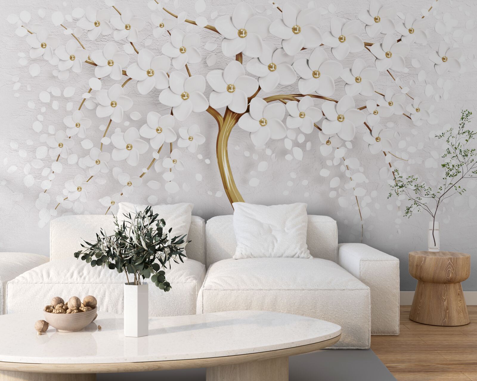 Fototapet Flori sakura albe ca zăpada pe un copac elegant