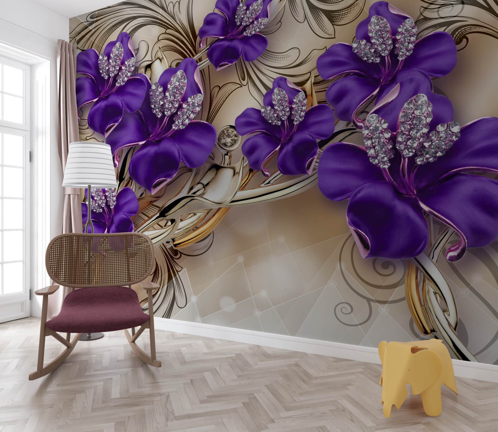 Fototapet pietre și metale prețioase decorate cu flori mov