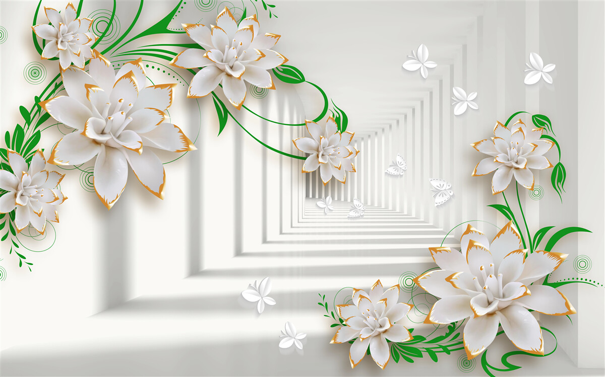 Fototapet tunel abstract decorat cu frunze verzi și lotus alb