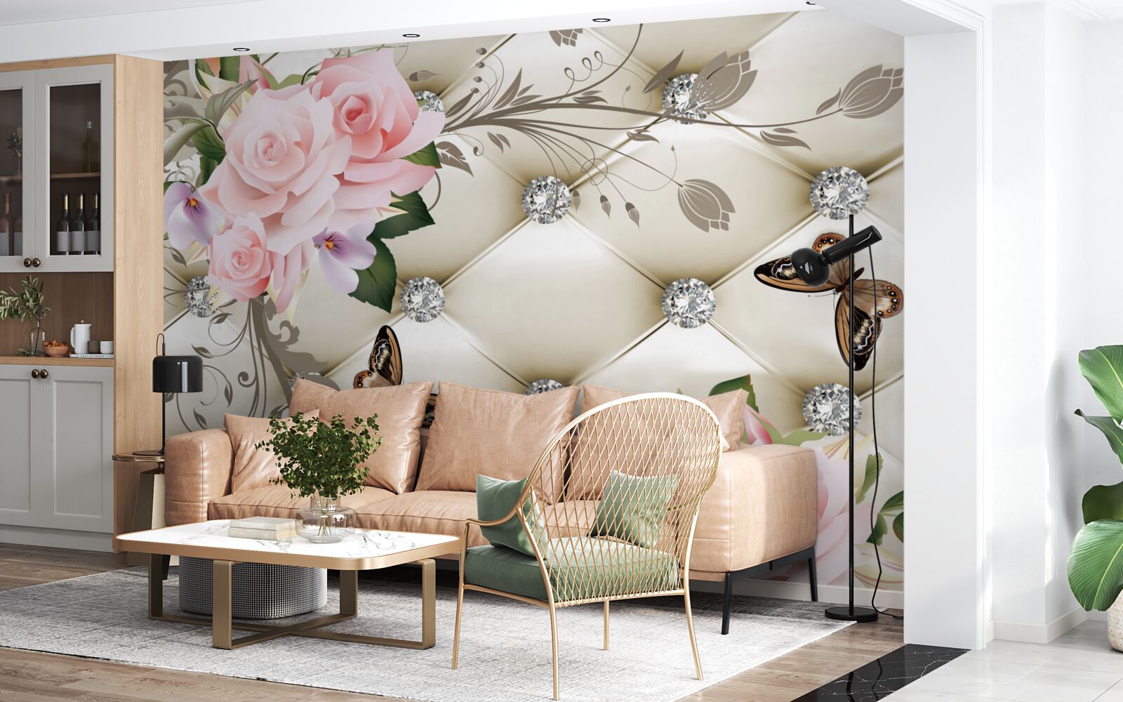 Fototapet textură florală pe țesătură albă decorată cu perle