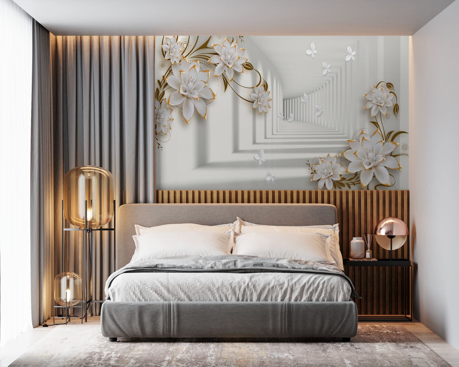Fototapet coridor elegant în nuanțe de alb, decorat cu flori aurii