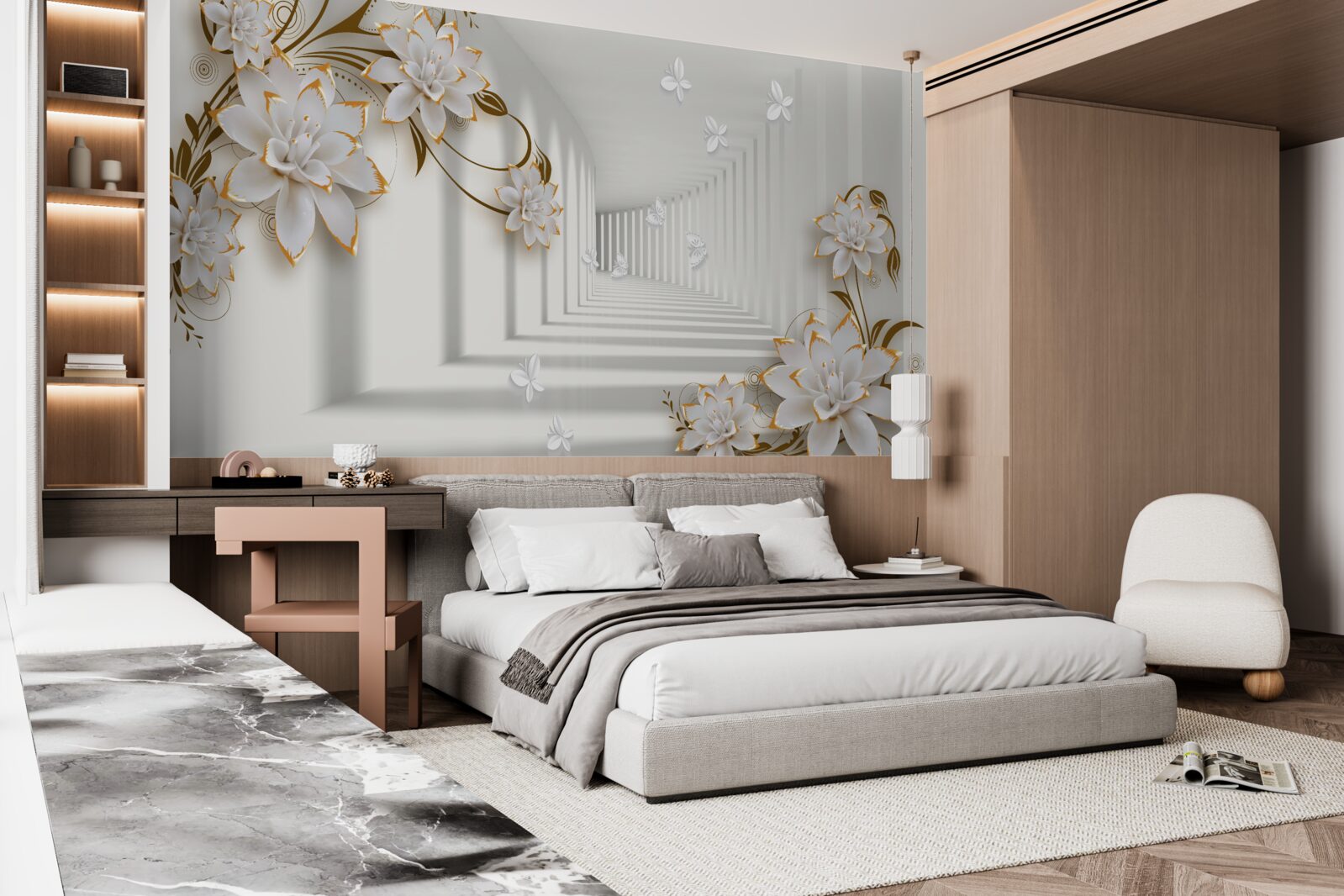 Fototapet coridor elegant în nuanțe de alb, decorat cu flori aurii