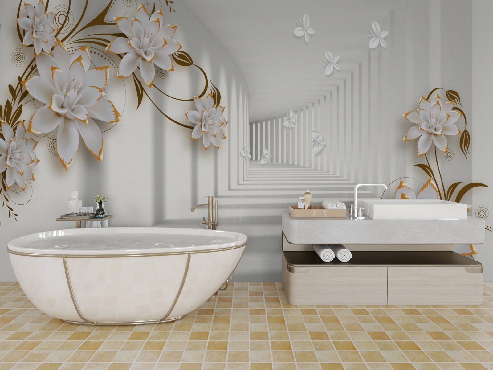 Fototapet coridor elegant în nuanțe de alb, decorat cu flori aurii