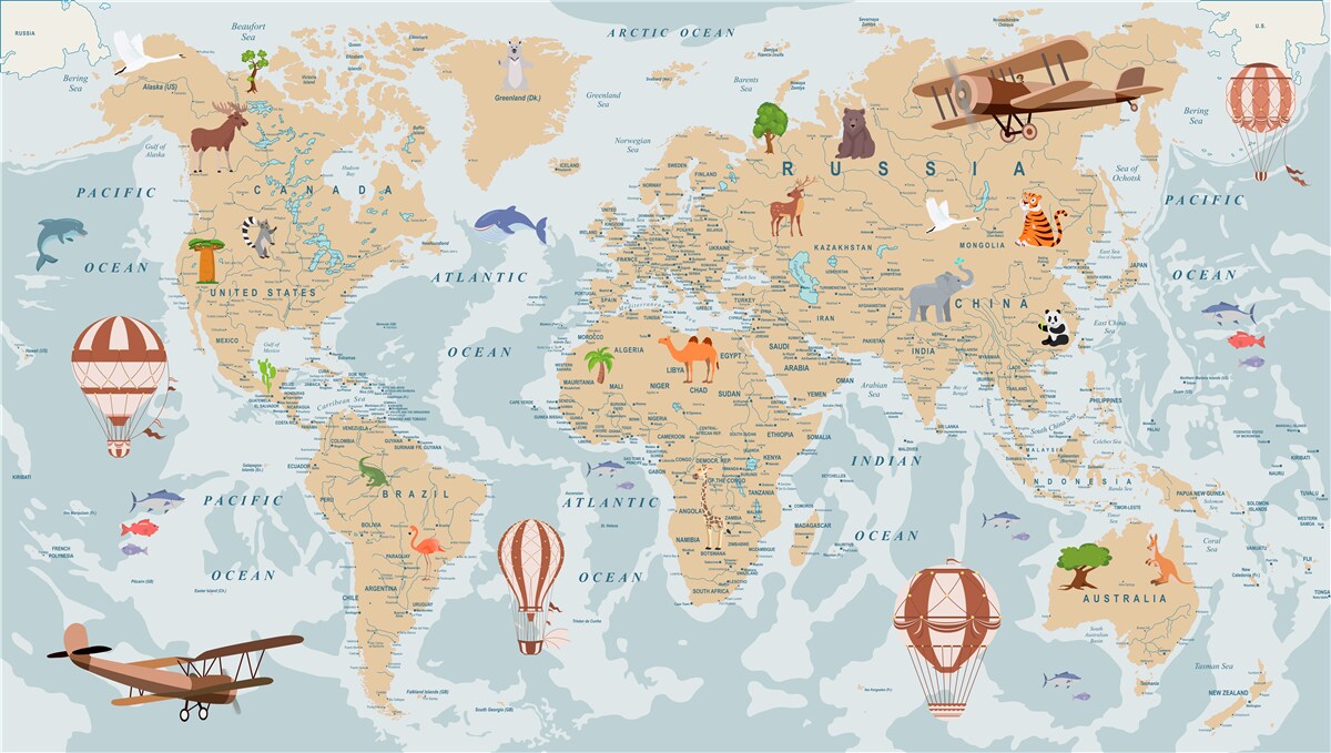 Fototapet hartă geografică detaliată a lumii cu diverse imagini