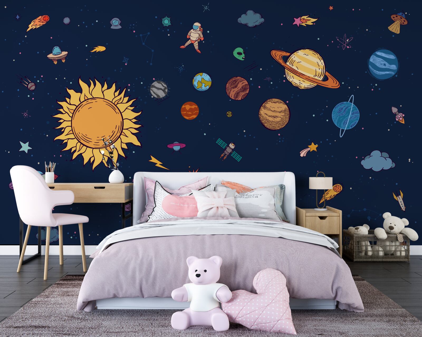 Fototapet printre planete, în spațiul cosmic, este omul