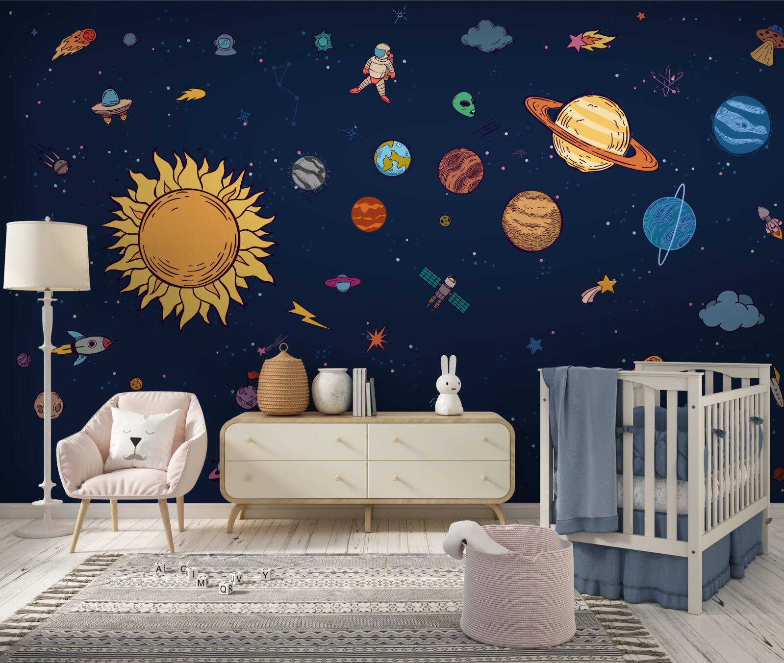 Fototapet printre planete, în spațiul cosmic, este omul