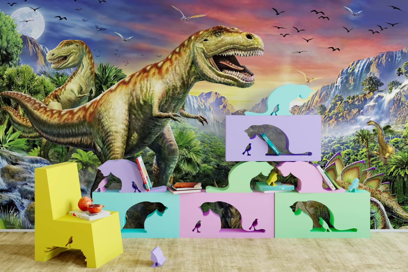 Fototapet dinozauri pe vârfurile munților