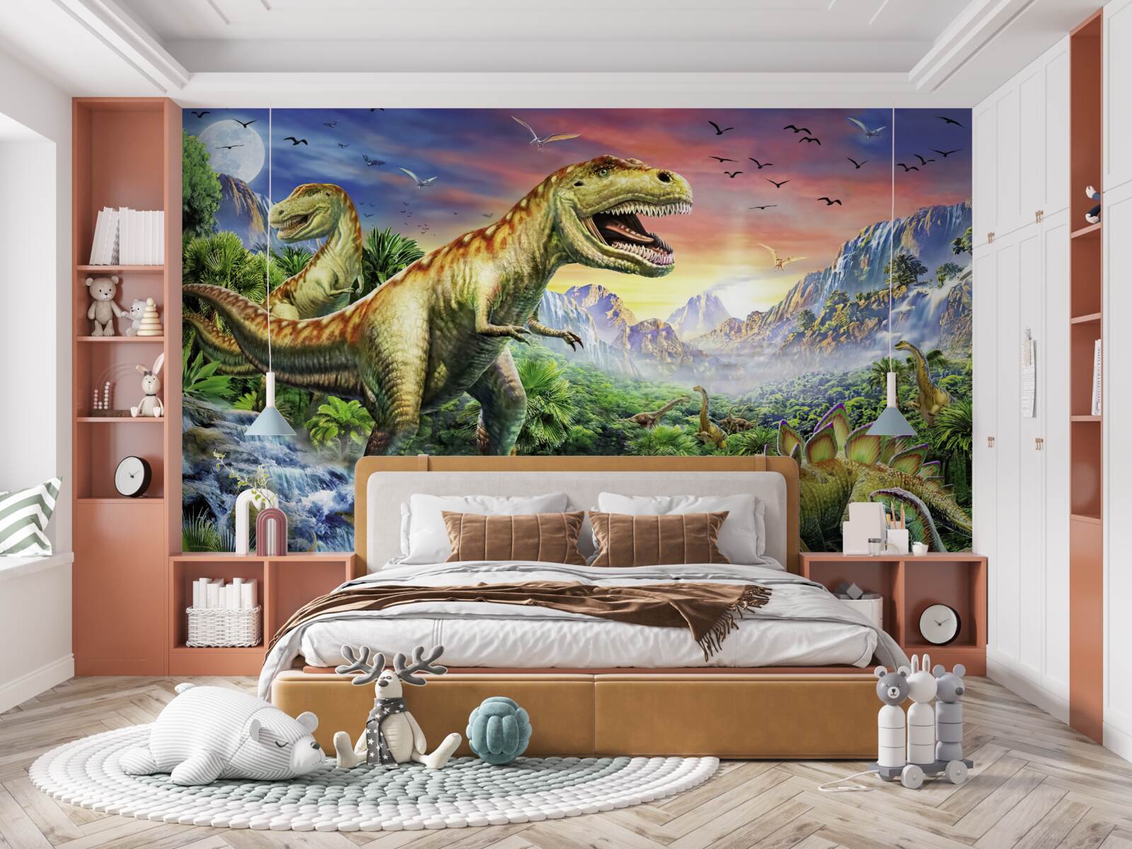 Fototapet dinozauri pe vârfurile munților