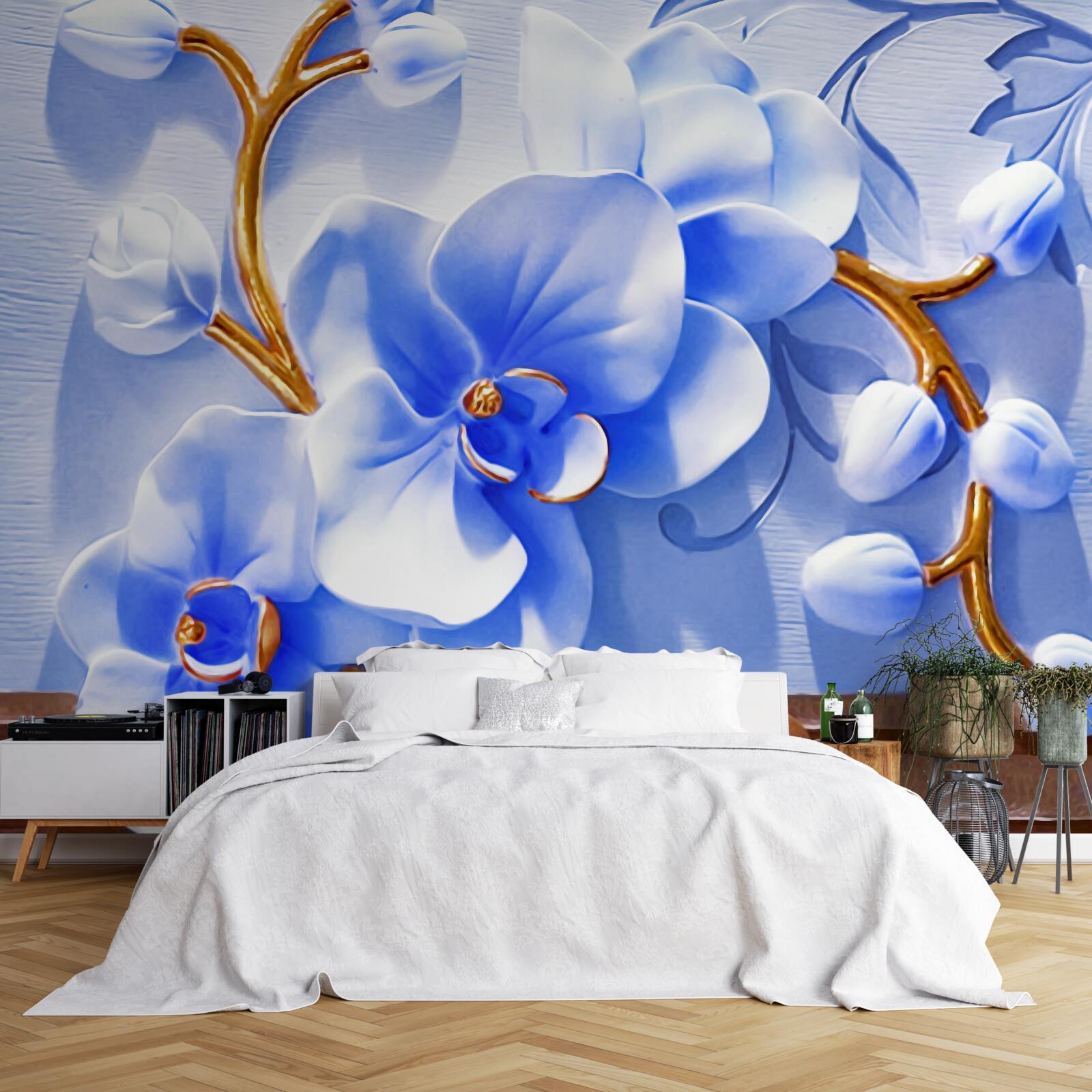 Fototapet orhidee în culoarea cerului pe ramuri decorate cu aur