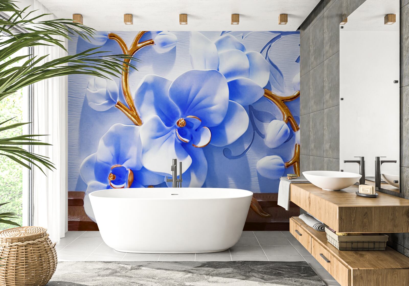 Fototapet orhidee în culoarea cerului pe ramuri decorate cu aur