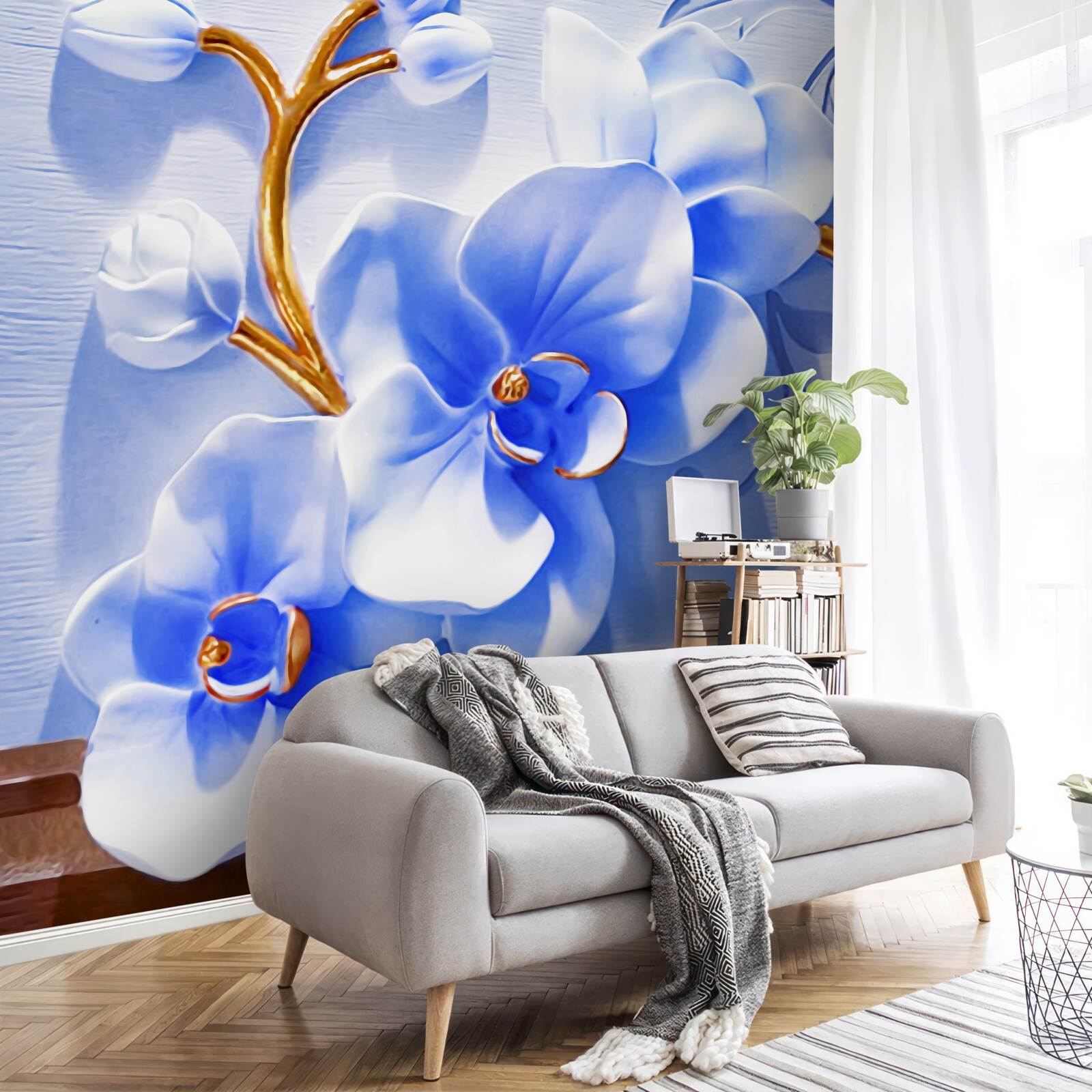 Fototapet orhidee în culoarea cerului pe ramuri decorate cu aur