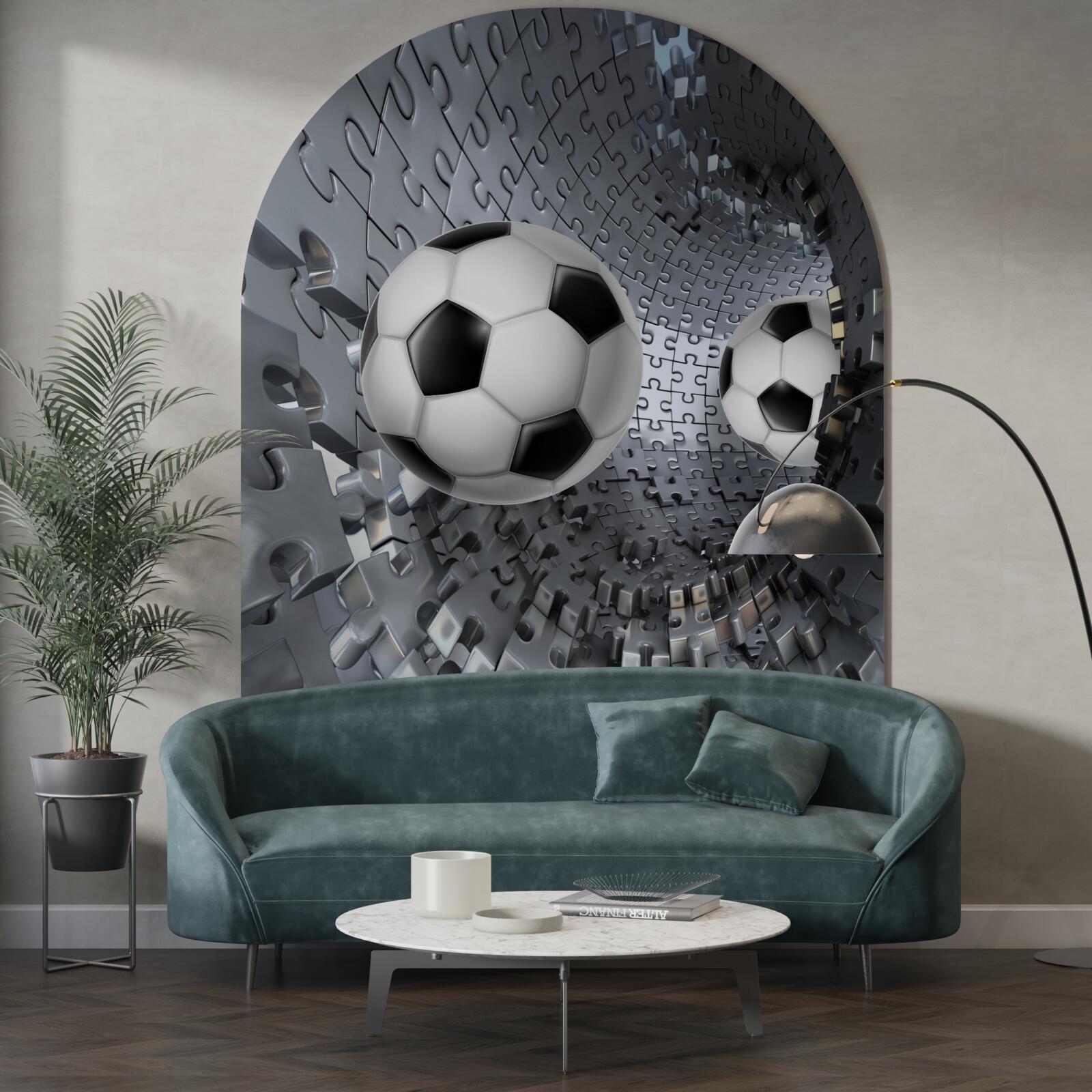 Fototapet fragmente ale mozaicului vortex înconjoară o minge de fotbal
