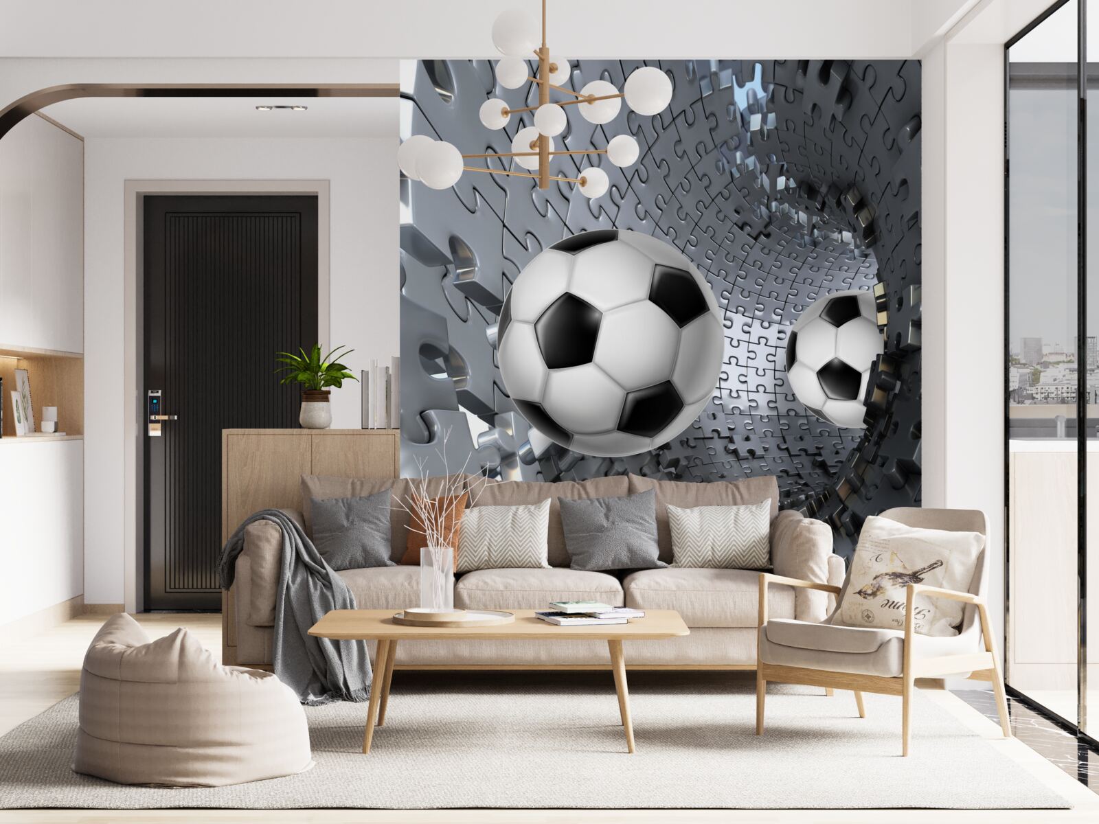 Fototapet fragmente ale mozaicului vortex înconjoară o minge de fotbal