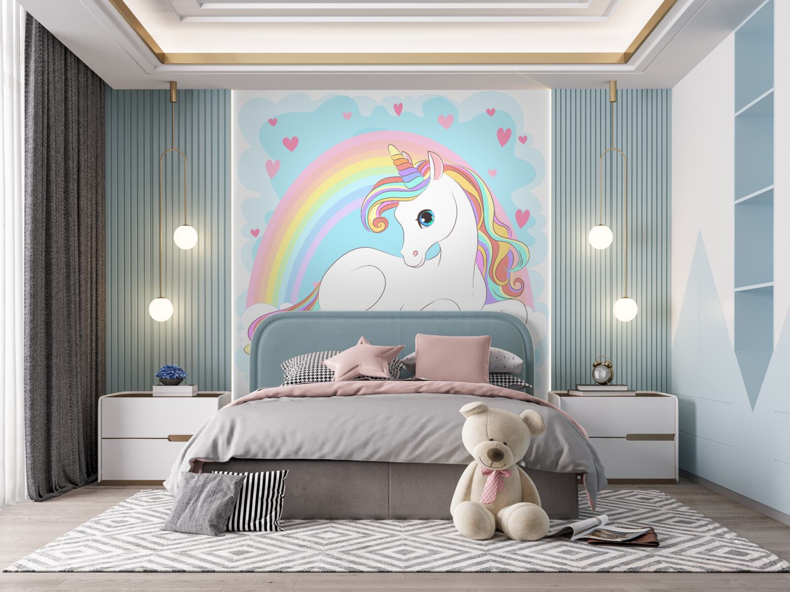 Fototapet unicorn pe un fundal curcubeu