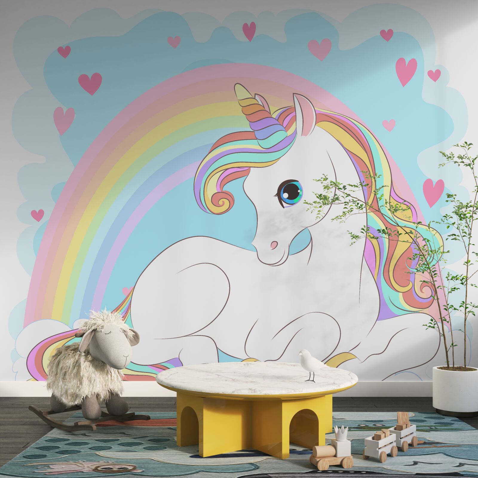 Fototapet unicorn pe un fundal curcubeu