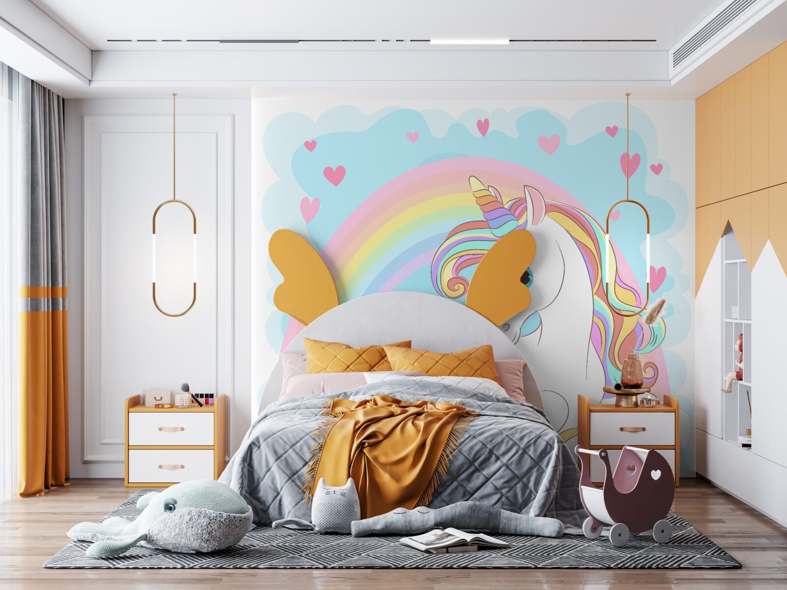 Fototapet unicorn pe un fundal curcubeu