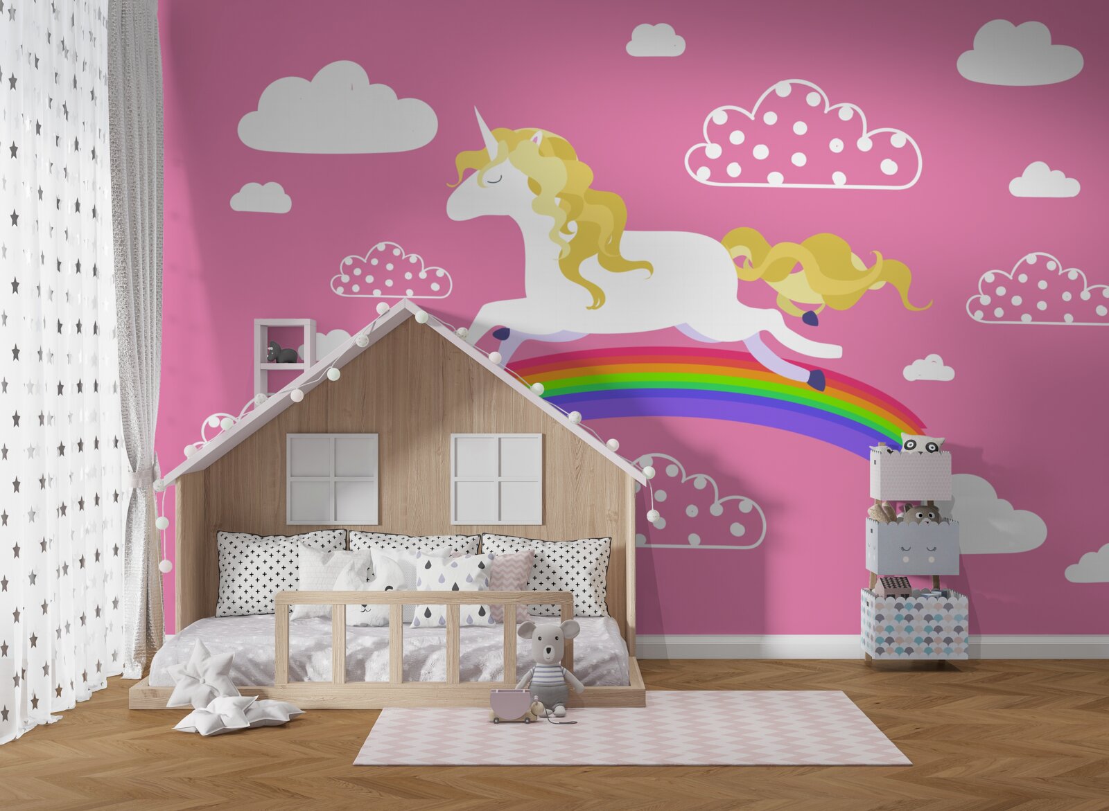 Fototapet cursa unicorn pe un arc de curcubeu