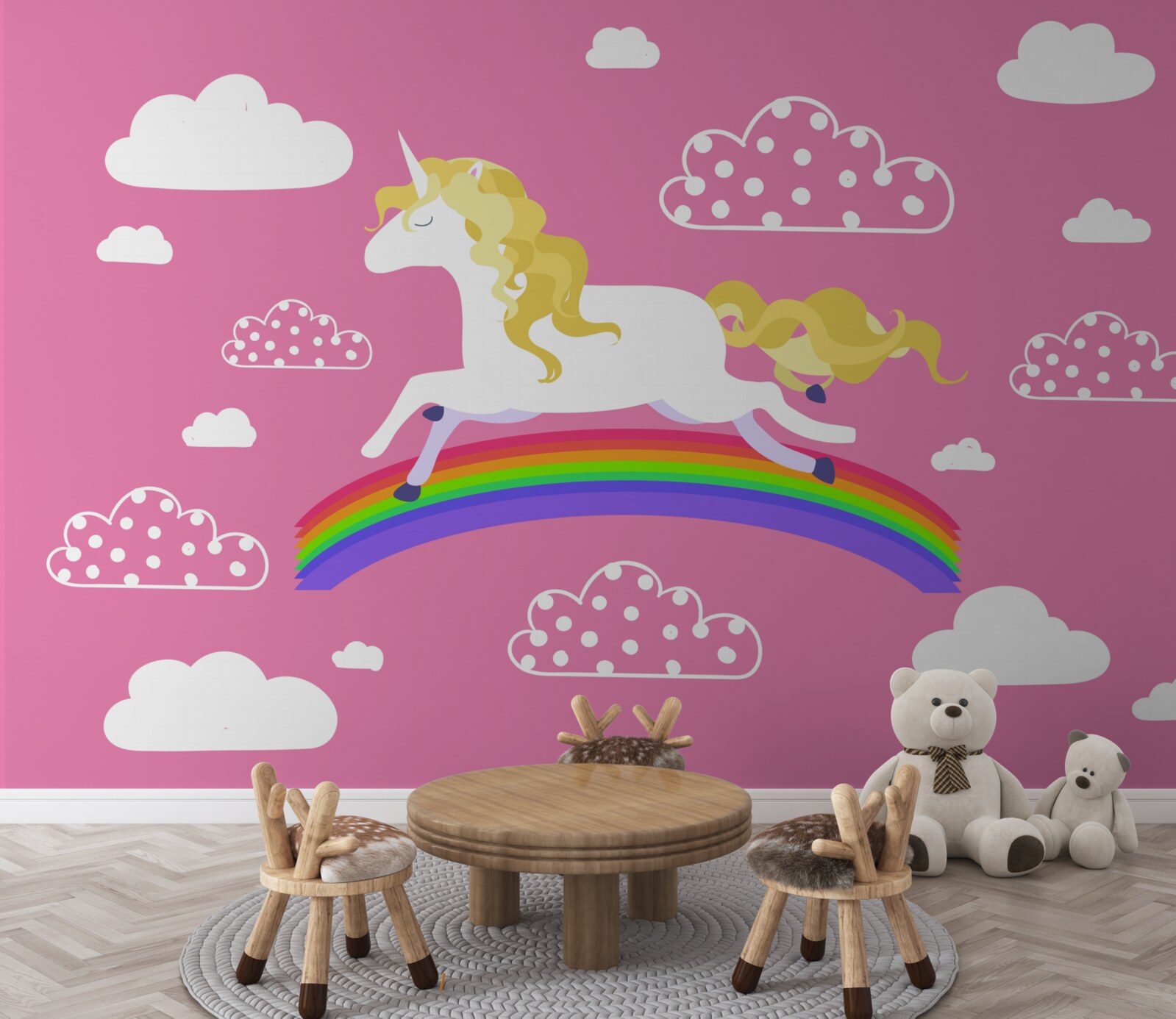 Fototapet cursa unicorn pe un arc de curcubeu