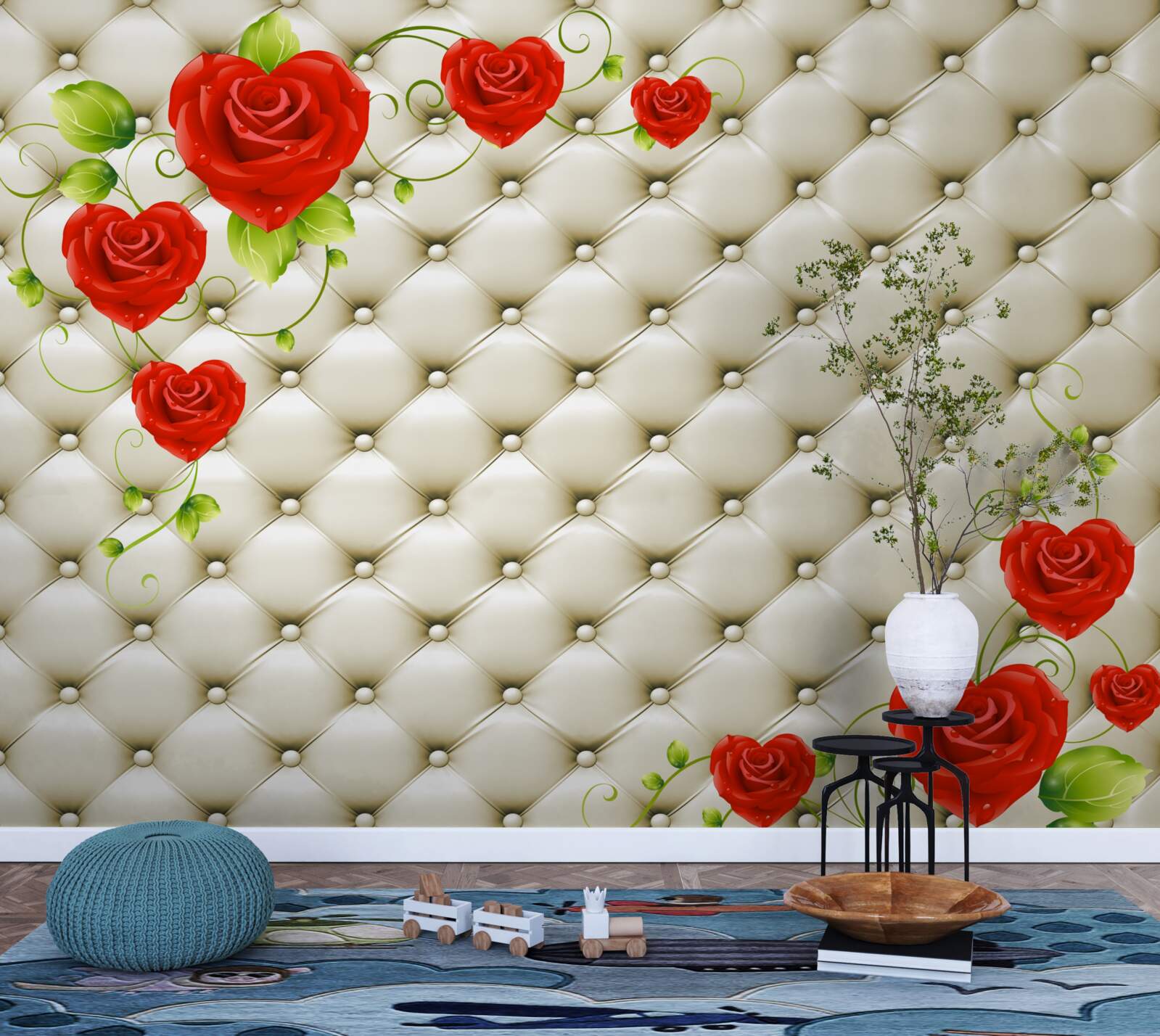 Fototapet textura țesăturii cu elemente decorative și trandafiri roșii