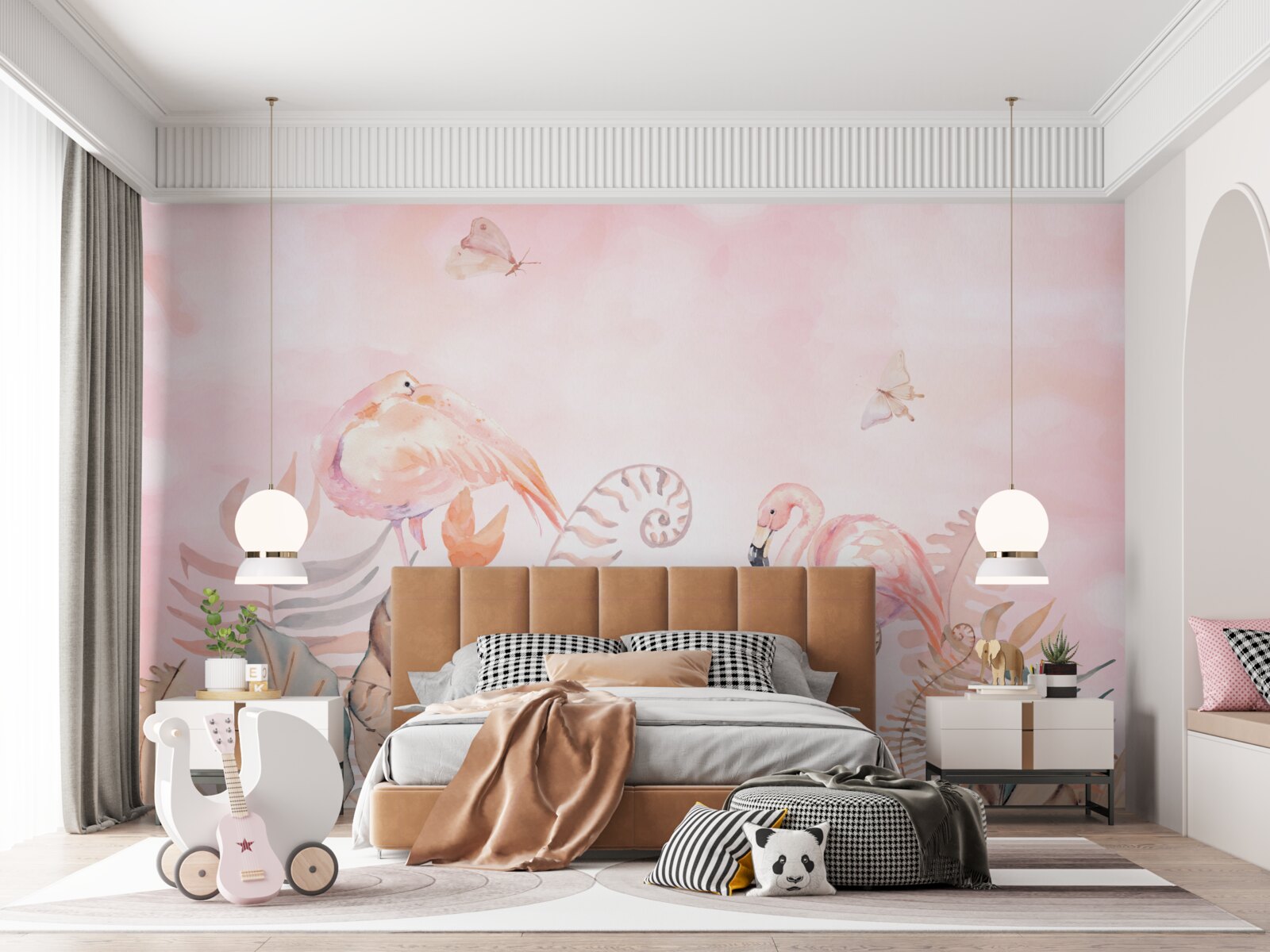 Fototapet zonele verzi sunt decorate cu flamingo roz
