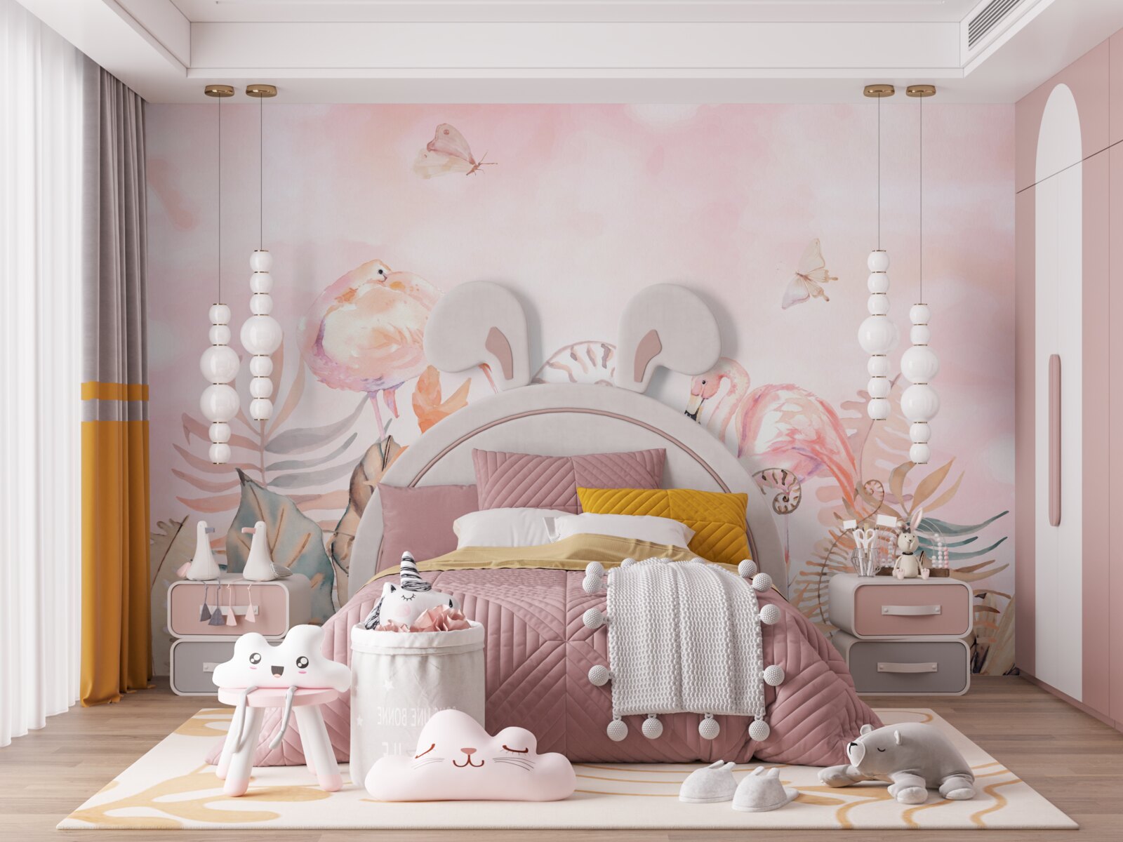 Fototapet zonele verzi sunt decorate cu flamingo roz
