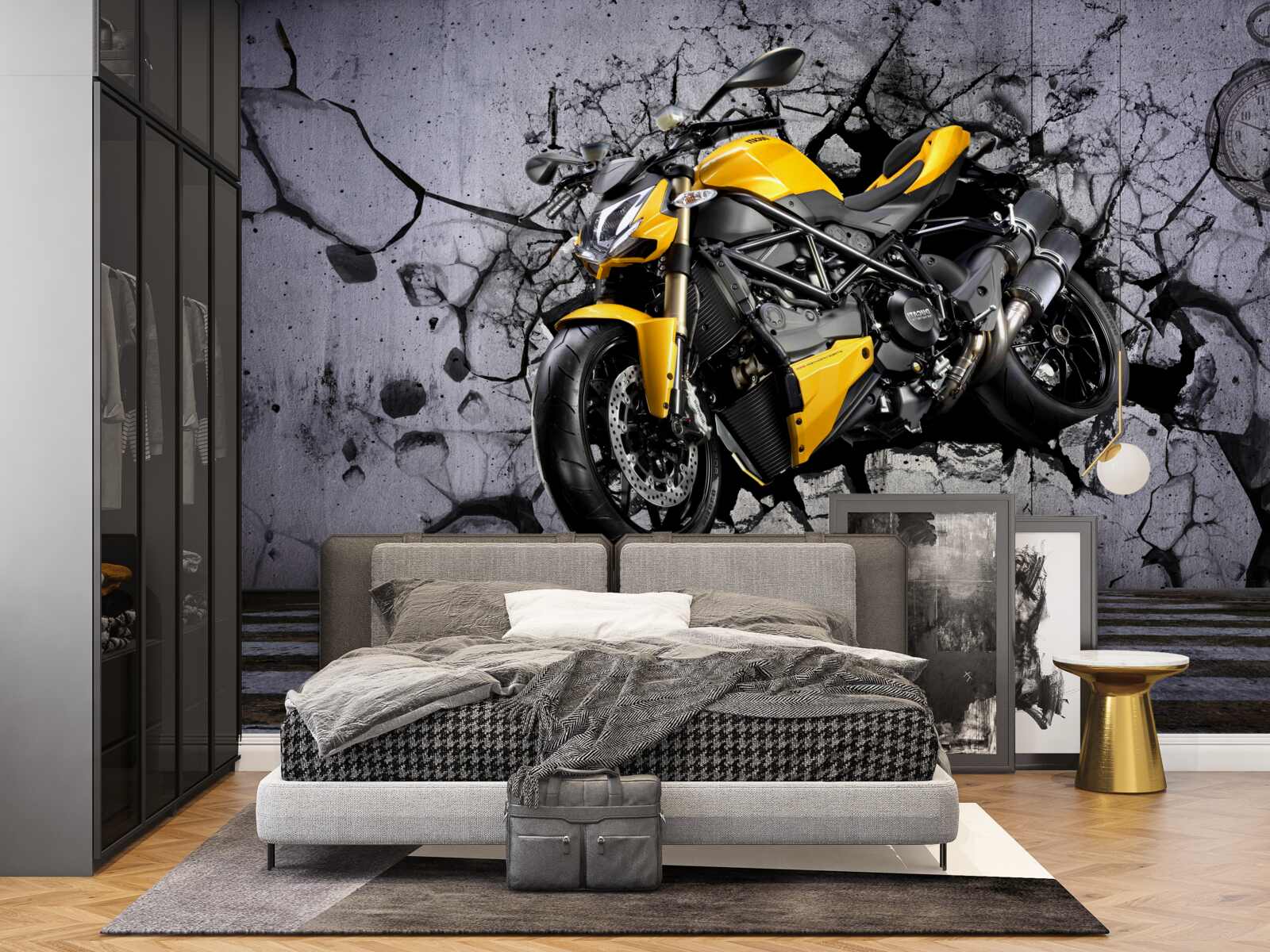 Fototapet Motocicletă galbenă pe graffiti