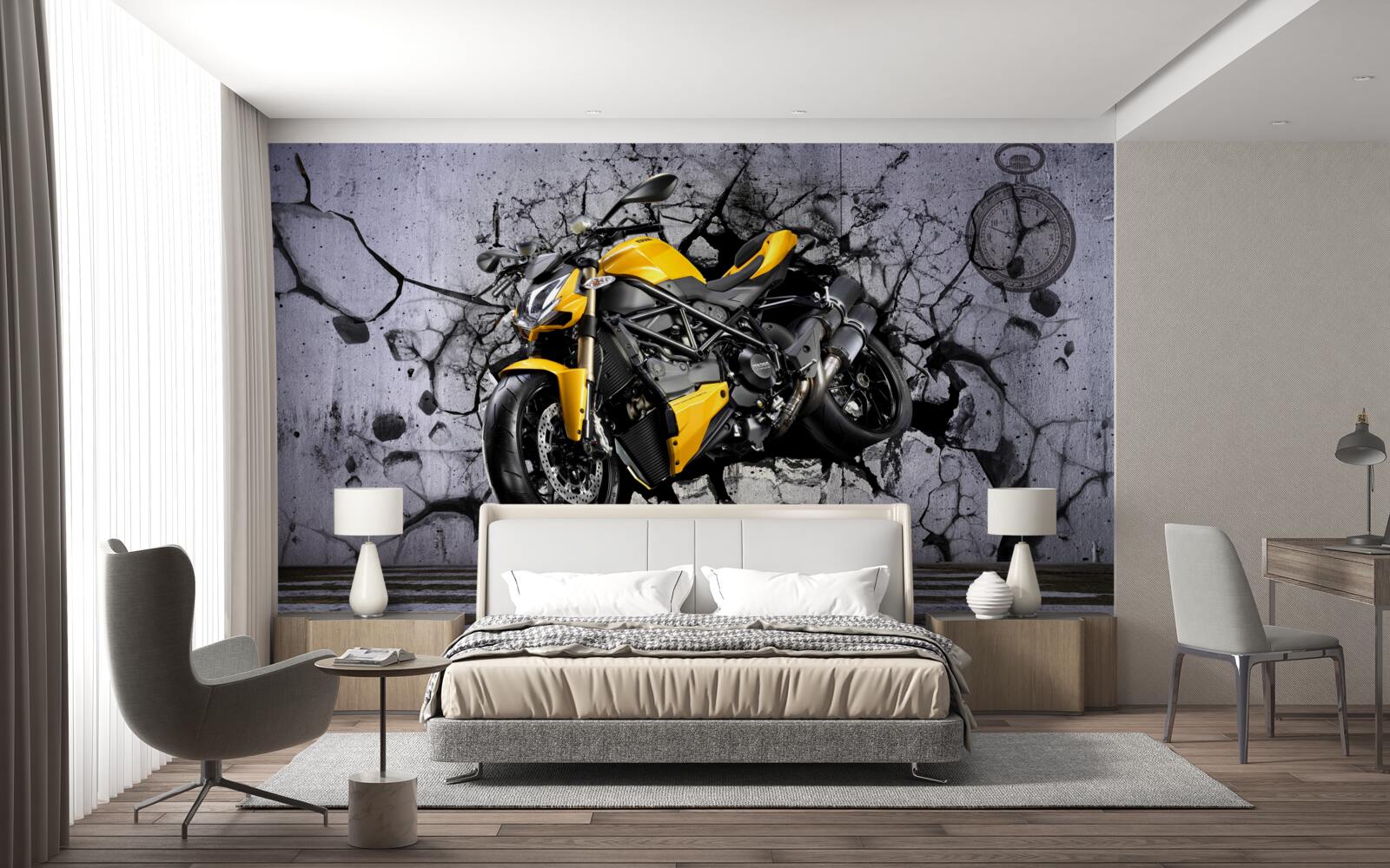 Fototapet Motocicletă galbenă pe graffiti