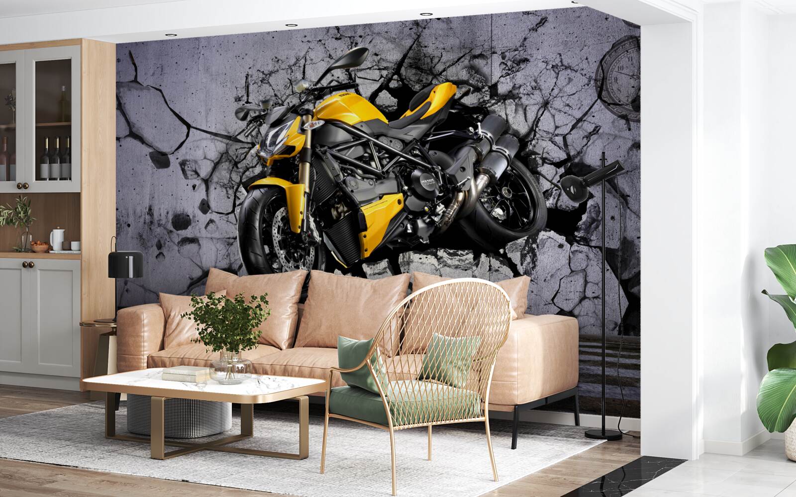 Fototapet Motocicletă galbenă pe graffiti