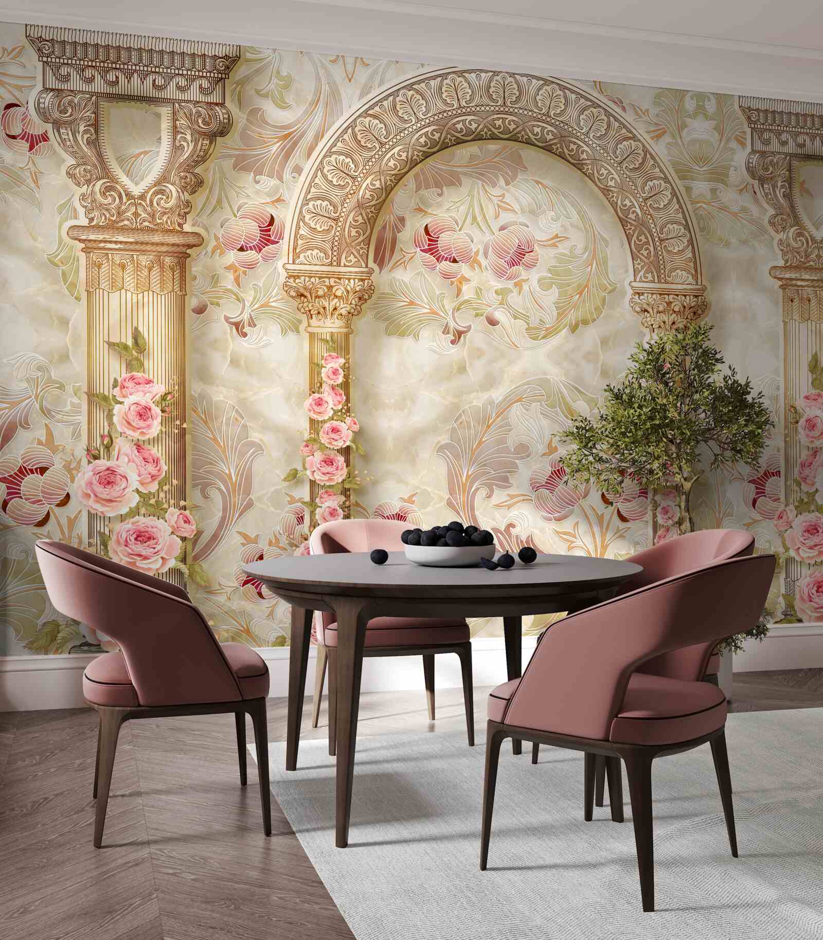 Fototapet arcuri tradiționale decorate cu flori de trandafir