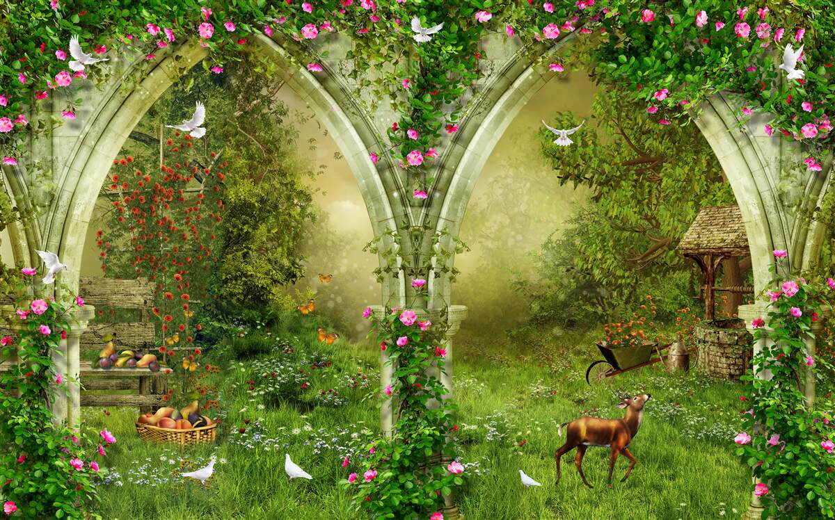 Fototapet Arce din piatră verde cu imagini de animale