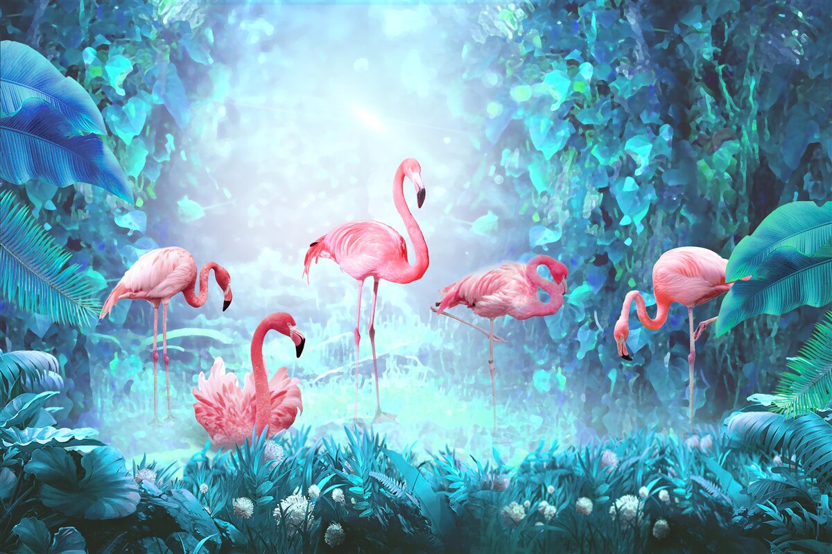 Fototapet flamingo roz în apele nopții