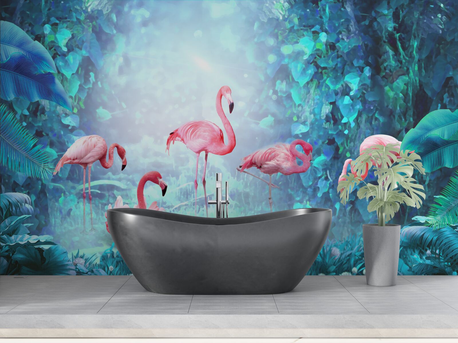 Fototapet flamingo roz în apele nopții