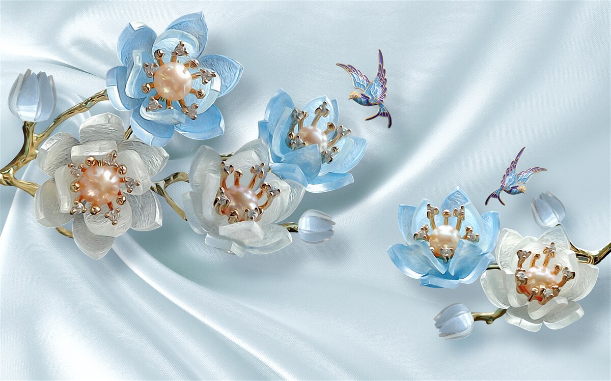 Fototapet ramură de magnolie decorată cu perle și aur pe un fundal de mătase