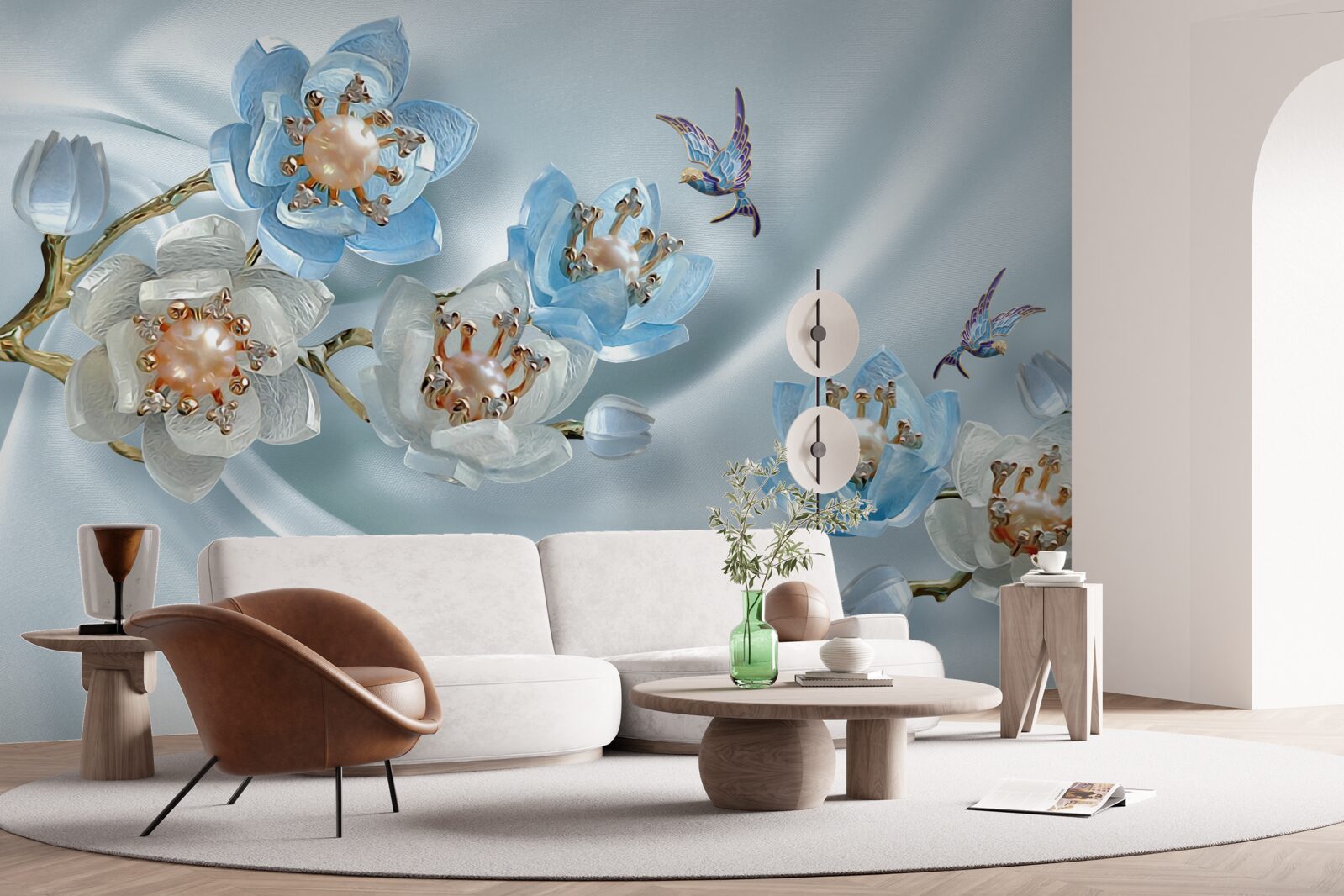 Fototapet ramură de magnolie decorată cu perle și aur pe un fundal de mătase