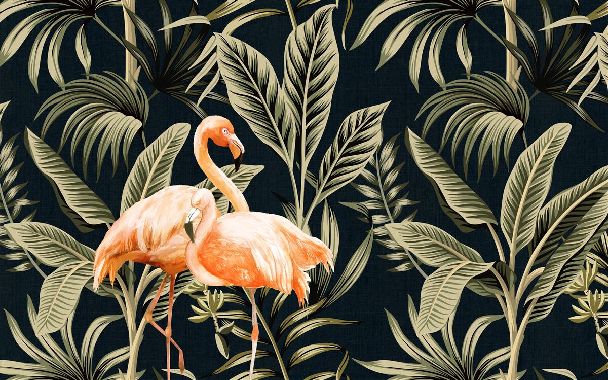 Fototapet flamingo roz fac o plimbare în pădure