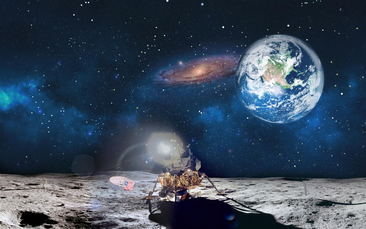 Fototapet vedere a pământului din perspectiva cosmică a lunii cu elemente futuriste
