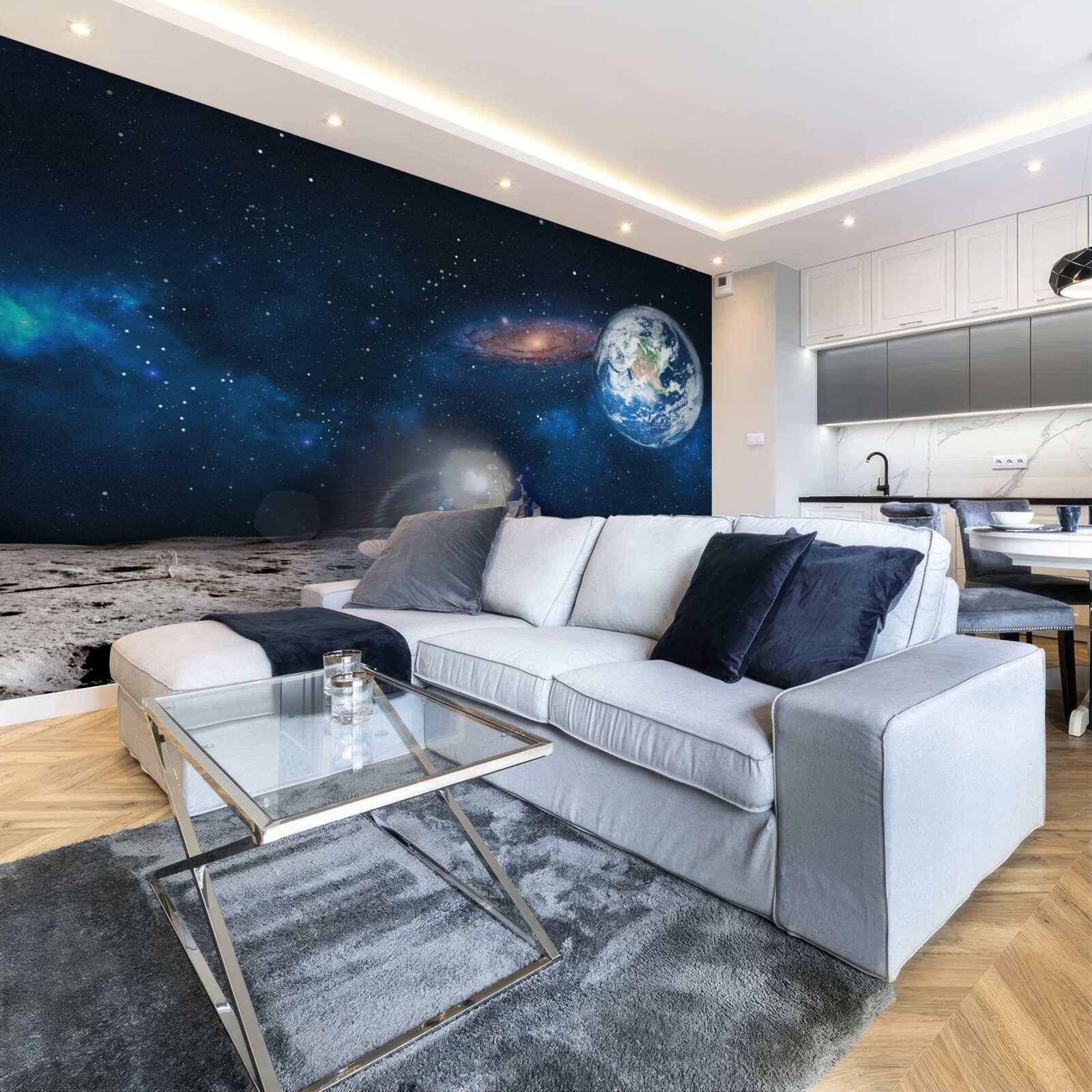 Fototapet vedere a pământului din perspectiva cosmică a lunii cu elemente futuriste
