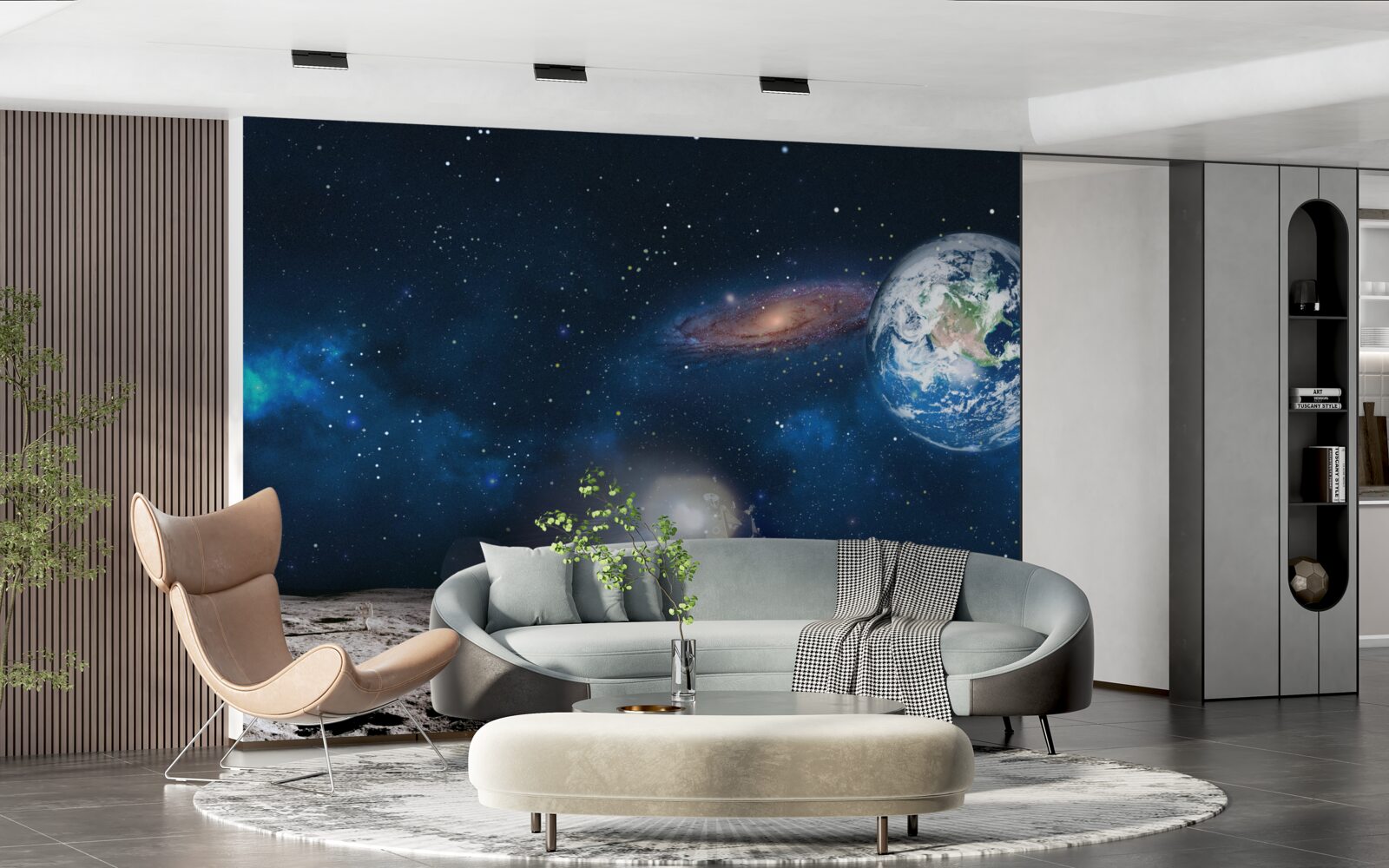 Fototapet vedere a pământului din perspectiva cosmică a lunii cu elemente futuriste