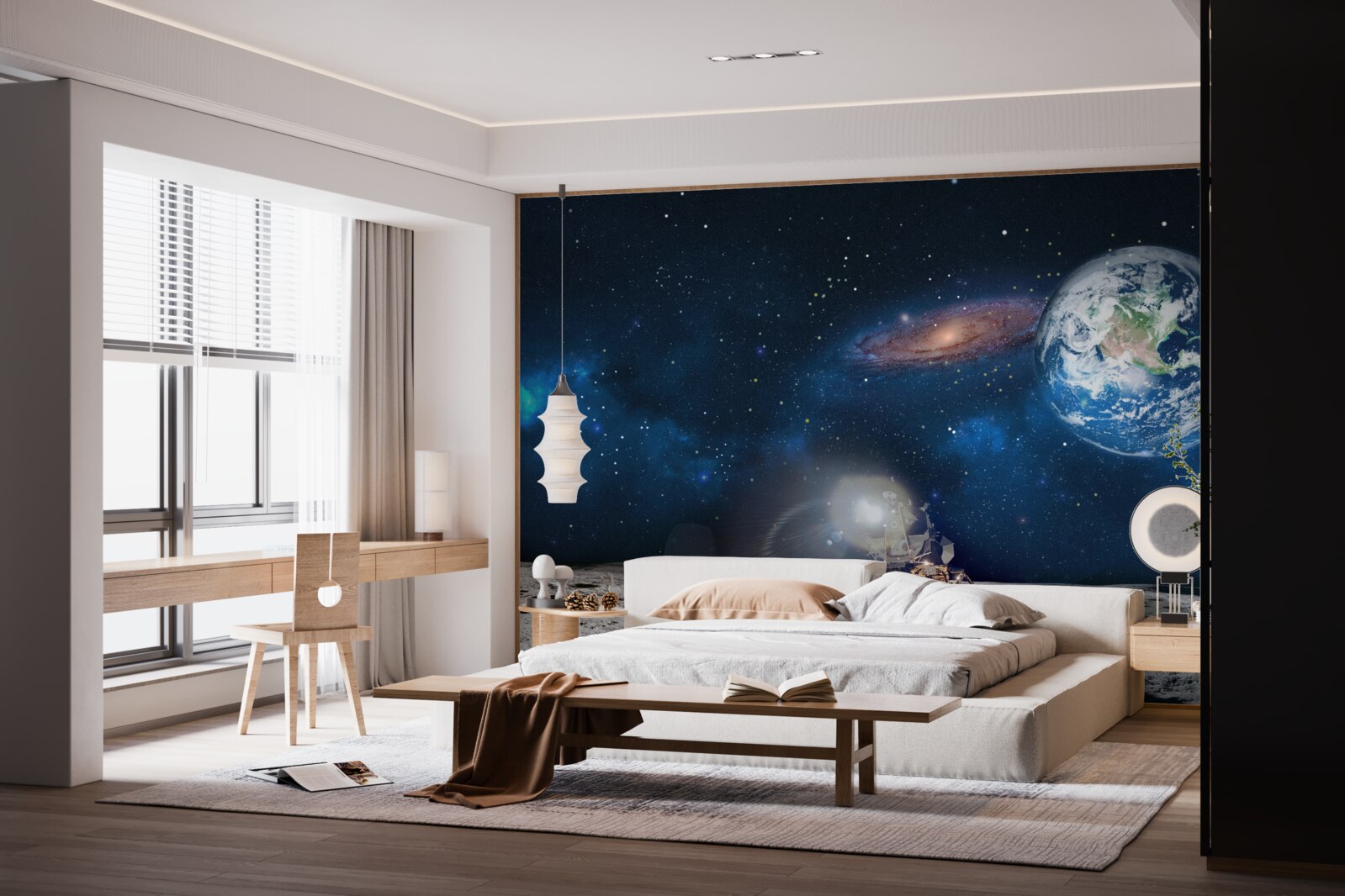Fototapet vedere a pământului din perspectiva cosmică a lunii cu elemente futuriste