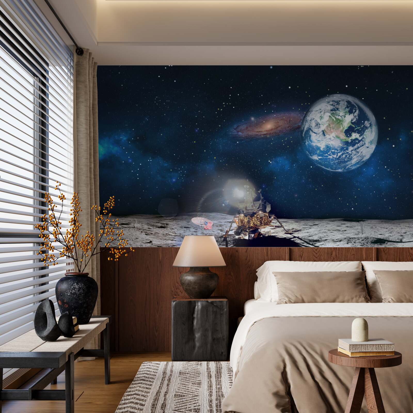 Fototapet vedere a pământului din perspectiva cosmică a lunii cu elemente futuriste